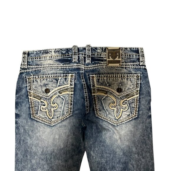 Rock Revival Jeans Donato Boot Cut Distressed Thick Stitch Embroidered Men's 38 - Picture 8 of 9